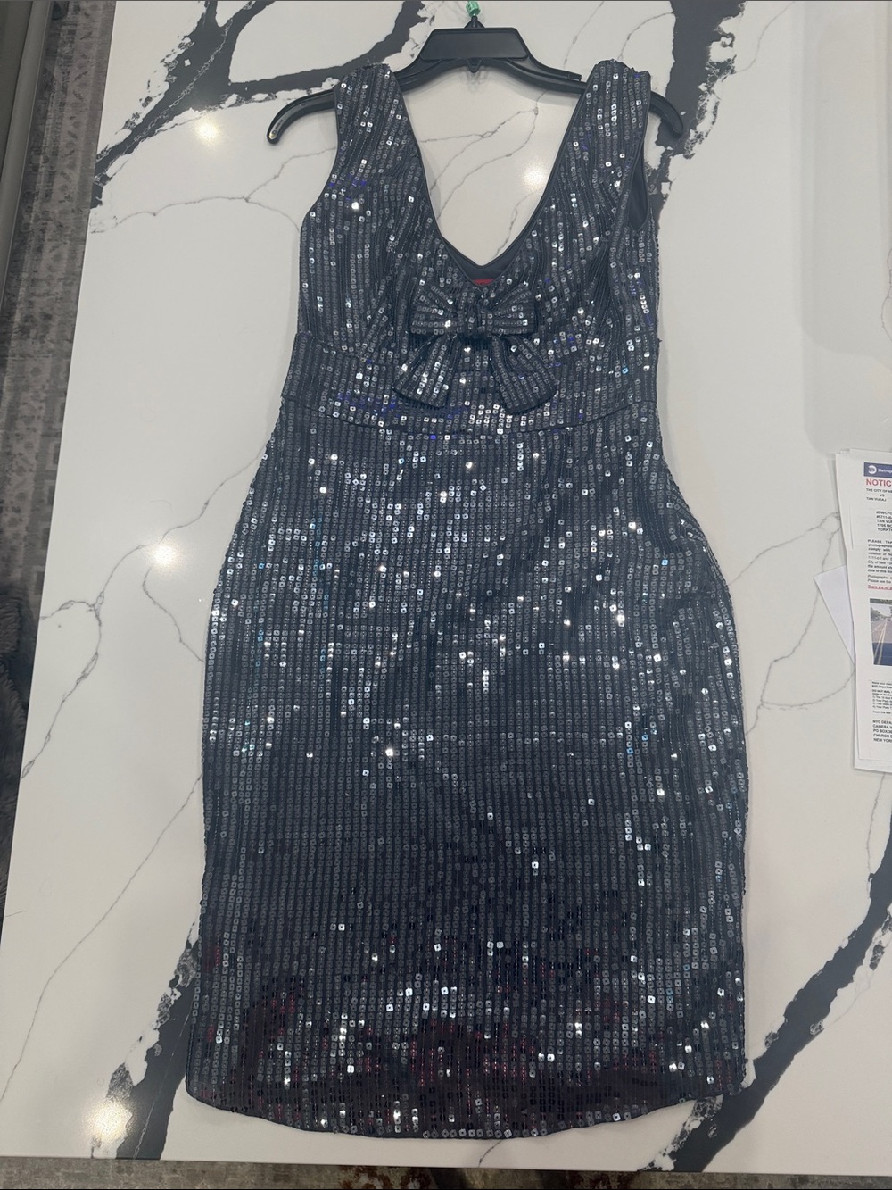 JS Collections Navy Sequin Bow Sheath Dress